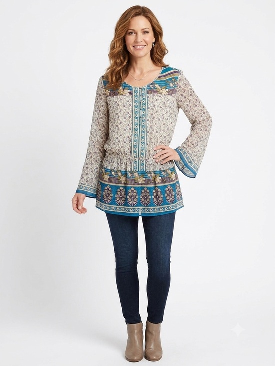 Lucky Brand Tops - Lucky Brand Blue and Cream Floral Boho Tunic Blouse XL
